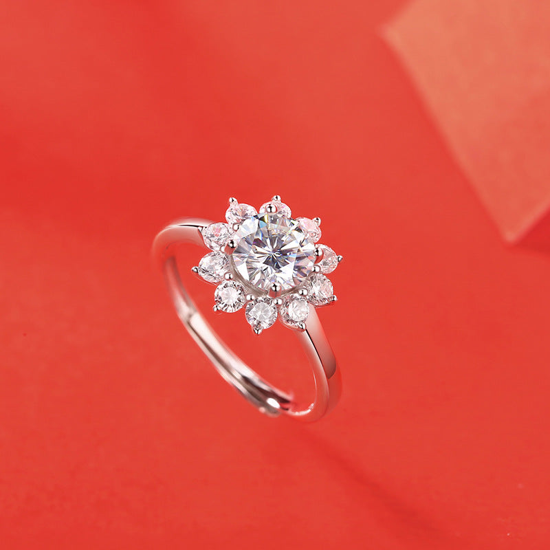 Sunflower Moissanite 925 Sterling Silver Adjustable Ring