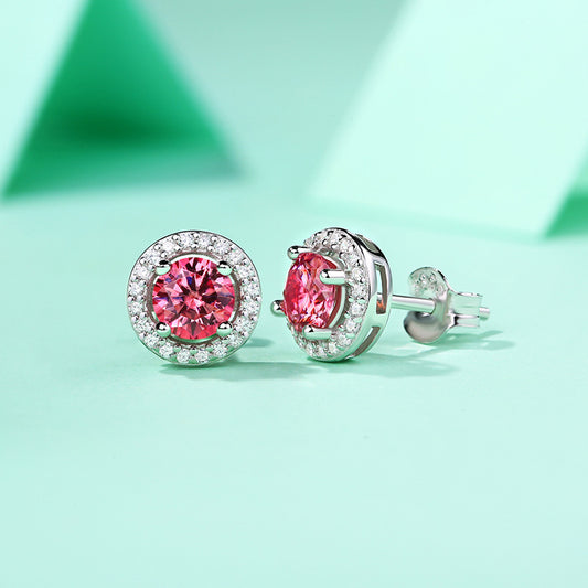 Mi Amor, Pink Round Moissanite 925 Sterling Silver Stud Earrings