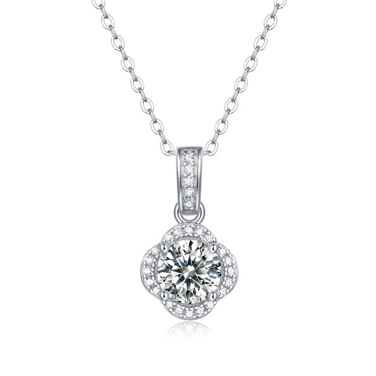 Lucky Girl Moissanite CZ Four Petal Flower 925 Sterling Silver Necklace