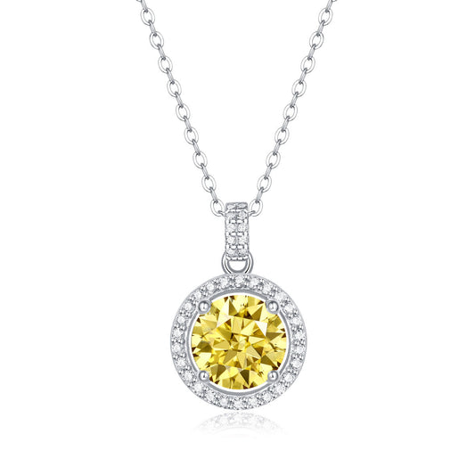 Rays of Sunshine, Yellow Round Moissanite 925 Sterling Silver Necklace