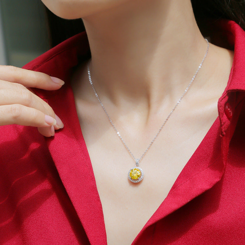 Rays of Sunshine, Yellow Round Moissanite 925 Sterling Silver Necklace