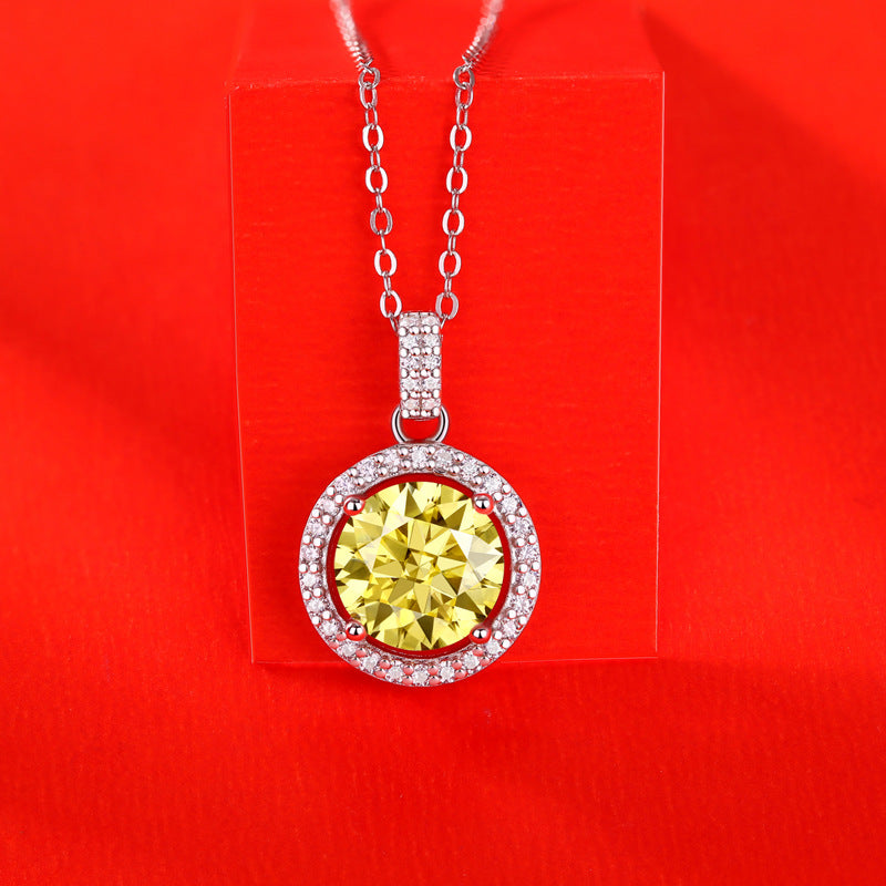 Rays of Sunshine, Yellow Round Moissanite 925 Sterling Silver Necklace